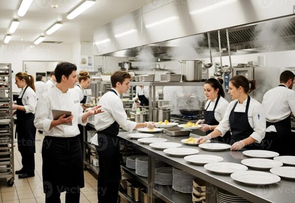 head-chef-briefing-his-team-in-a-professional-kitchen-photo